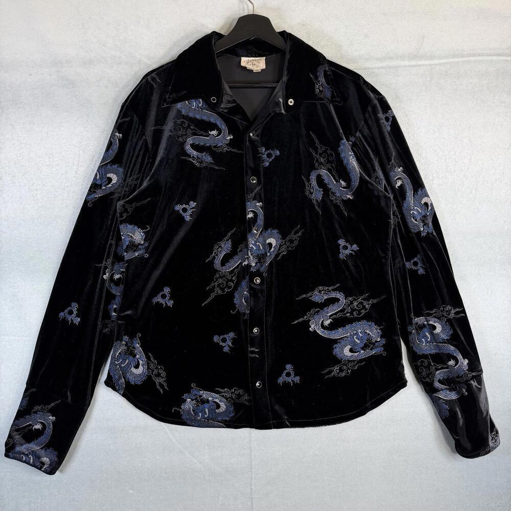 Shrine Of Hollywood Shirt Mens Medium Pearl Snap Velvet Dragon Chinese Print VTG